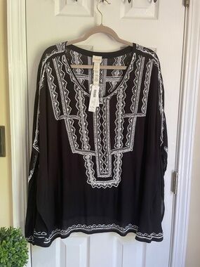 Chico's Black & White Boho Western Embroidered Geometric  Poncho/Caftan Tunic